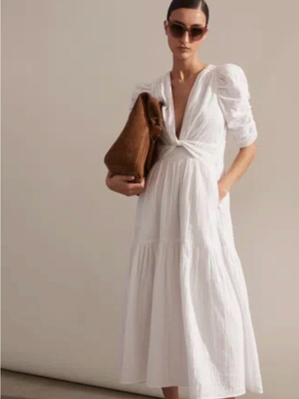 ME+EM's White Cheesecloth Gathered Sleeve Maxi Dress